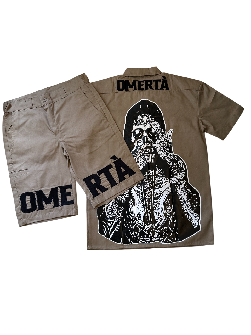Khaki White Skull Shorts Set